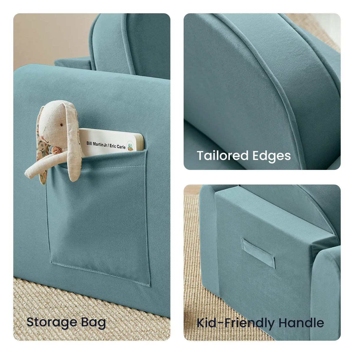 Three views of the blue GentleSnug Flip-Open Kids Sofa & Nap Mat, highlighting a storage pocket holding a stuffed rabbit and book, tailored edges, and a side handle.