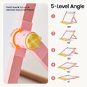 Close-up of a pink 3-in-1 Adjustable Tabletop Art Easel hinge with a yellow adjustment knob, next to a diagram showing five adjustable angle settings from 0 to 60 degrees.