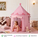 A young girl in a pink dress and tiara crawls into the Starry Indoor Play Tent for Toddlers, ready for fun in her whimsical playhouse.