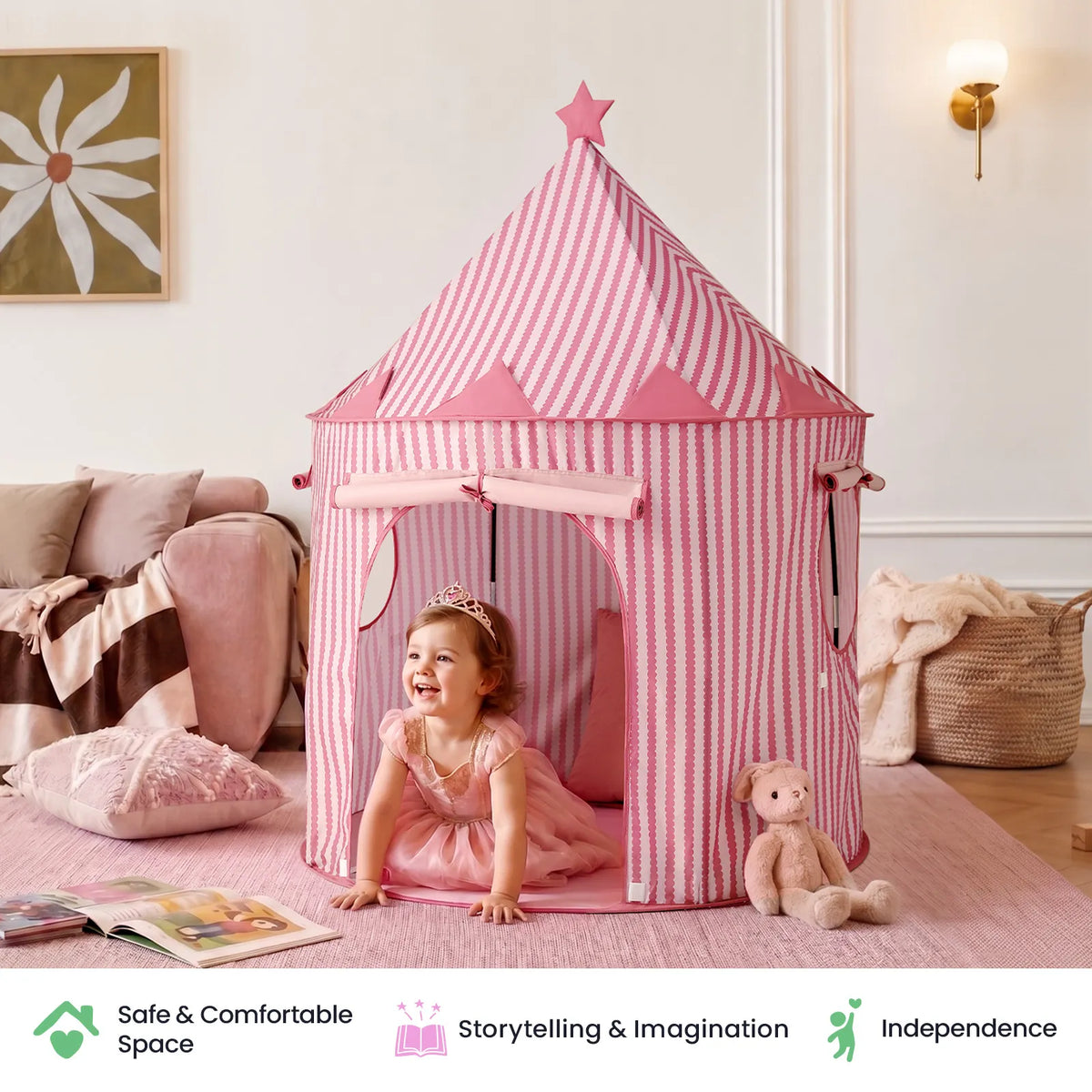 A young girl in a pink dress and tiara crawls into the Starry Indoor Play Tent for Toddlers, ready for fun in her whimsical playhouse.