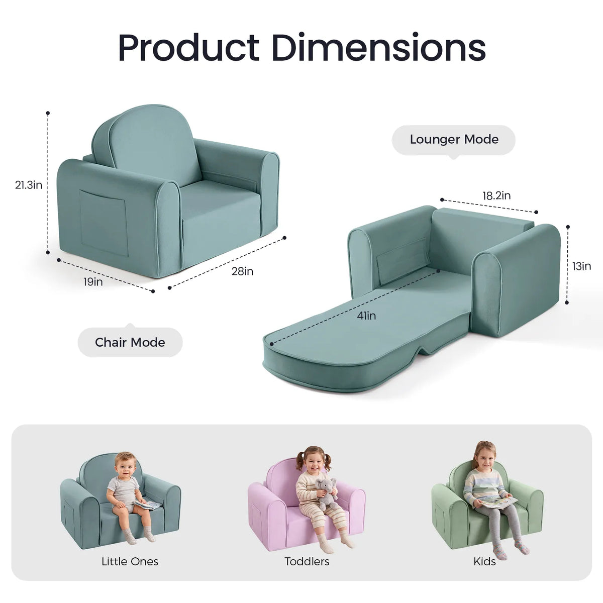 Diagram of a teal GentleSnug Flip-Open Kids Sofa & Nap Mat that converts into a nap mat, featuring labeled dimensions and photos of children of various ages sitting on teal and pink versions of the chair.