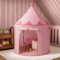 Pink and white striped conical Starry Indoor Play Tent for Toddlers with a star on the peak and a stuffed rabbit inside.
