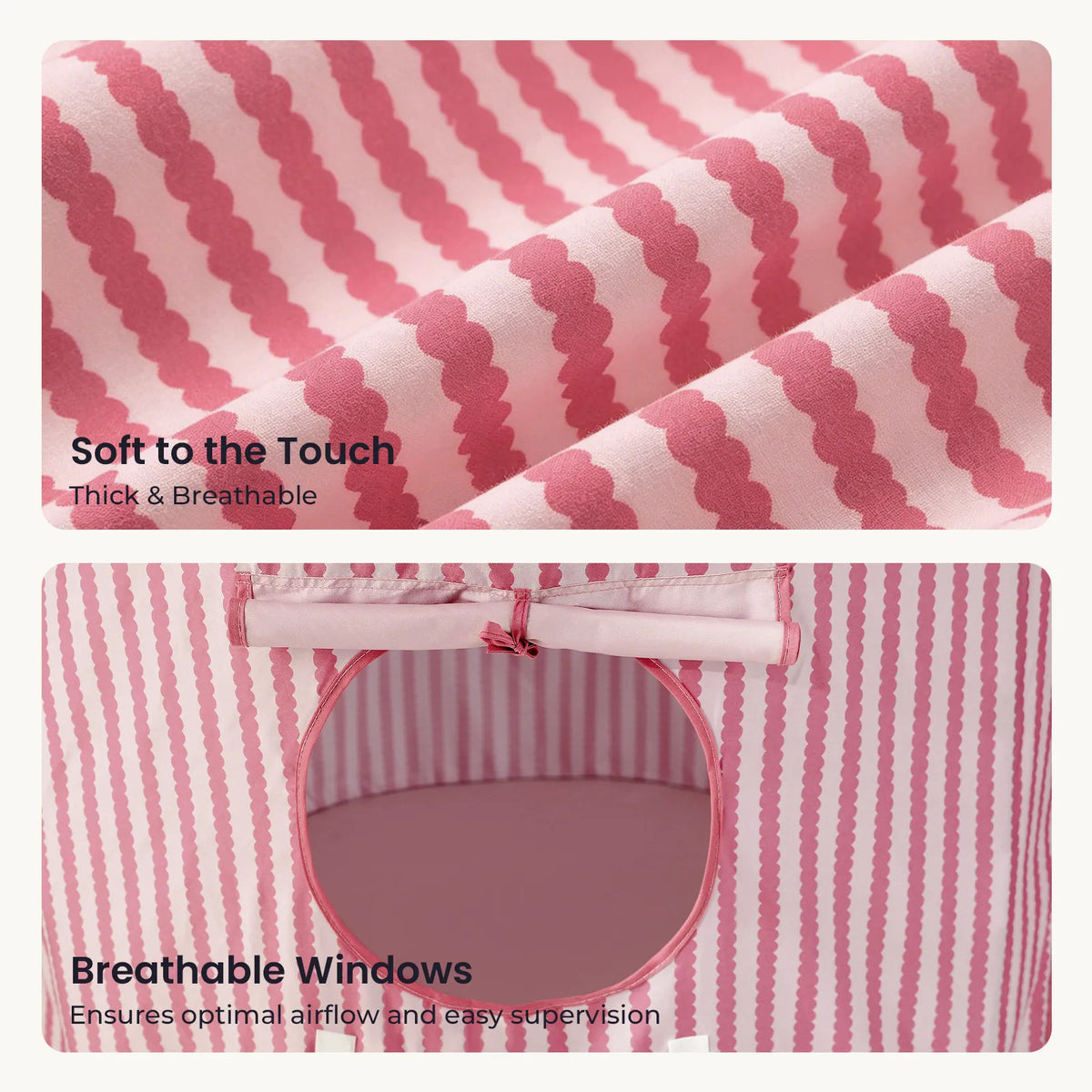 Two close-up images of a pink and white wavy-striped Starry Indoor Play Tent for Toddlers, featuring text overlays about its soft, breathable fabric and airy windows for easy supervision.