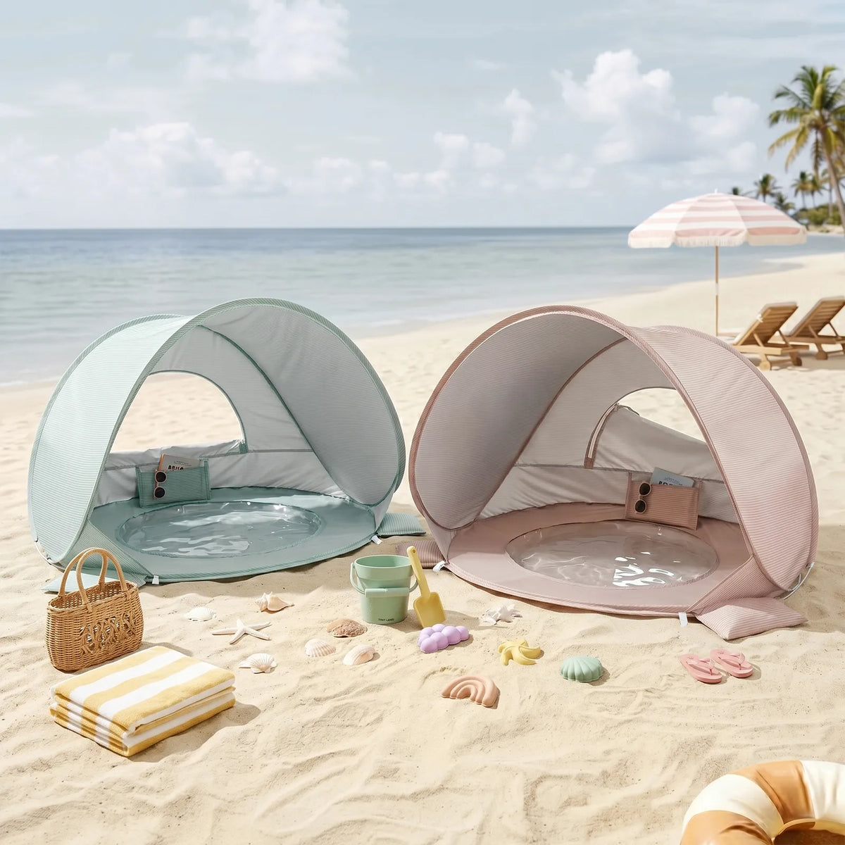 A light green and a light pink 3-in-1 Baby Beach Tent with Splash Pool sit on the sand, each featuring a built-in splash pool for shade and play.