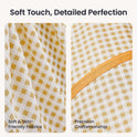 Two close-up images of yellow and white gingham fabric for an Adventure Crawl Tunnel (68″), showing the material’s texture and a stitched seam, with the text Soft Touch, Detailed Perfection at the top.