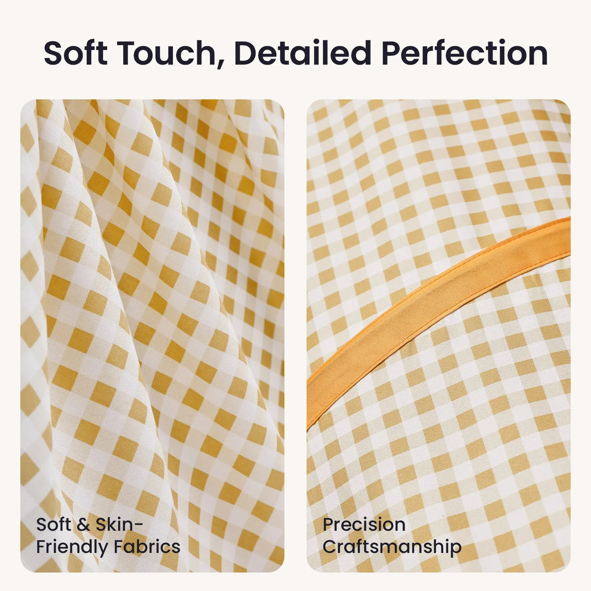 Two close-up images of yellow and white gingham fabric for an Adventure Crawl Tunnel (68″), showing the material’s texture and a stitched seam, with the text Soft Touch, Detailed Perfection at the top.