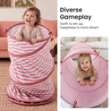 One child stands inside a pink and white striped Adventure Crawl Tunnel (68″), while another child crawls through the same tunnel laid horizontally.