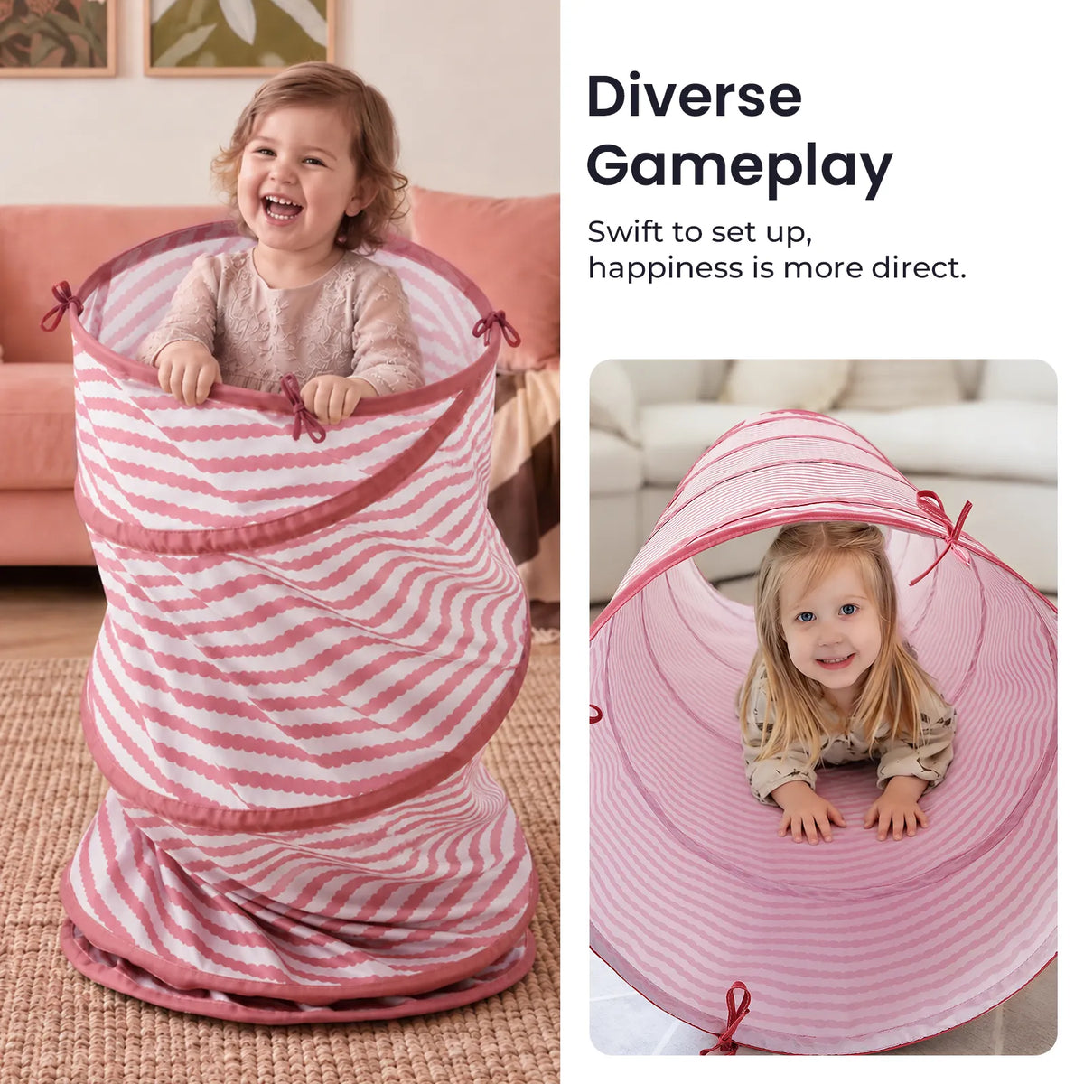 One child stands inside a pink and white striped Adventure Crawl Tunnel (68″), while another child crawls through the same tunnel laid horizontally.