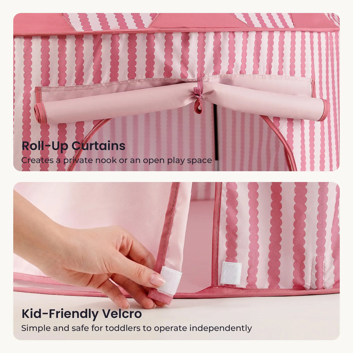 A hand fastens the Velcro tabs on a pink and white striped Starry Indoor Play Tent for Toddlers, which features roll-up curtains tied at the top.