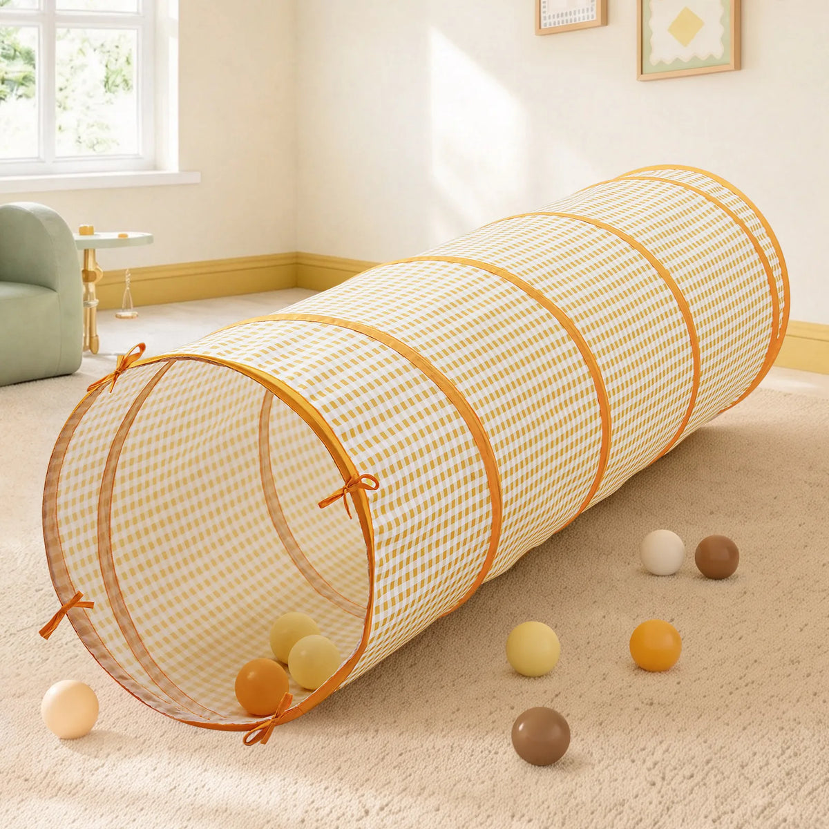 Yellow and white gingham Adventure Crawl Tunnel (68″) with a few scattered play balls on the floor.
