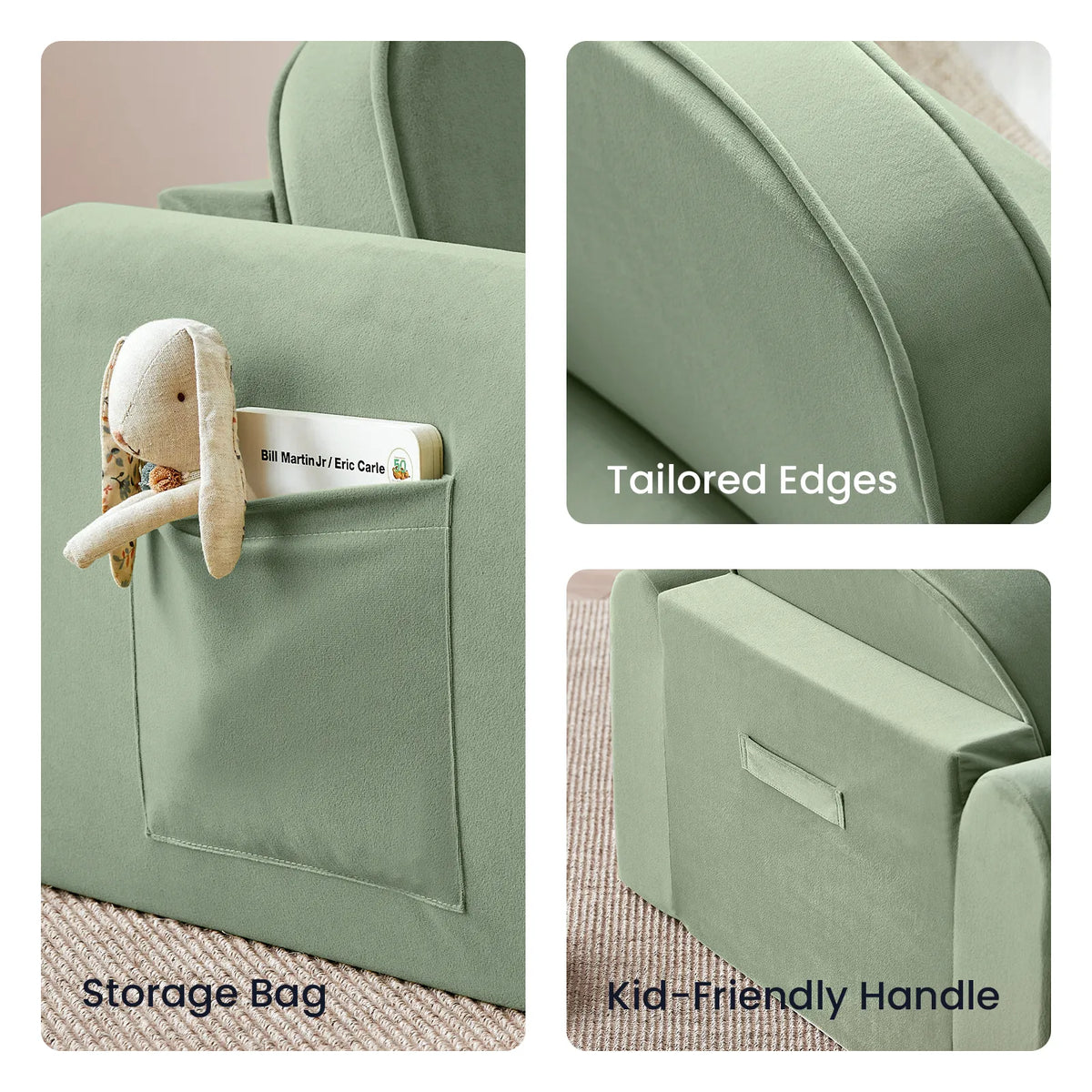 Three panels showing a sage green GentleSnug Flip-Open Kids Sofa & Nap Mat: one with a stuffed bunny in a side storage pocket, one highlighting the tailored edges, and one showing a carry handle on the flip-open sofa.