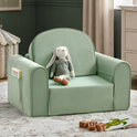 Light green GentleSnug Flip-Open Kids Sofa & Nap Mat with a rabbit plush toy sitting on the seat and a book stored in the side pocket.