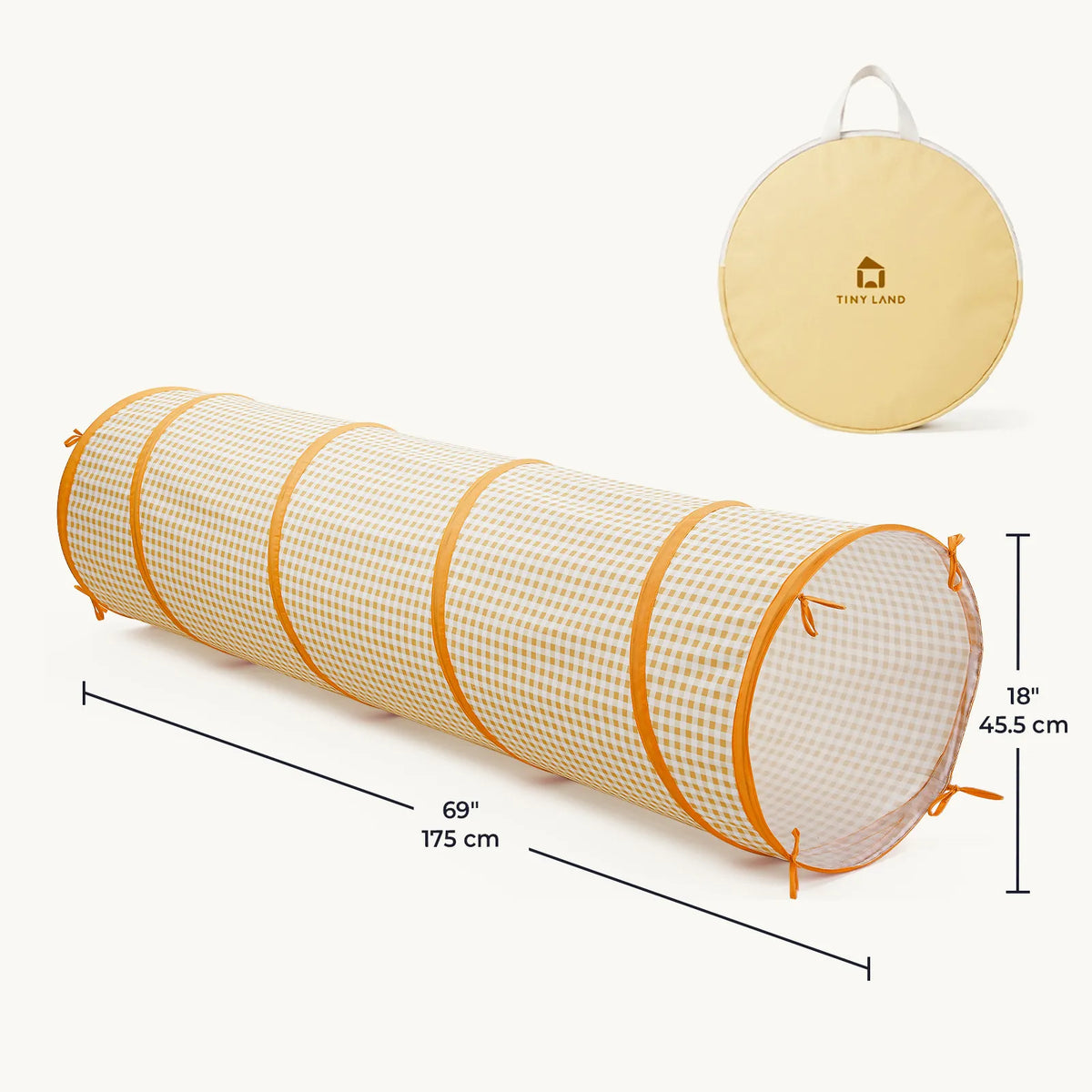 Adventure Crawl Tunnel (68″) in yellow and white checkers with dimensions labeled, shown alongside its round yellow carrying case.