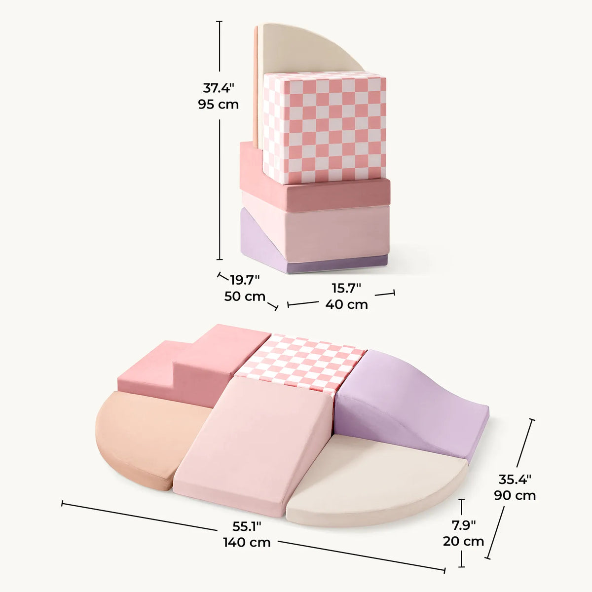 PlayNest Soft Foam Climbing Blocks – Violet displayed as a tall stack and an arranged toddler obstacle course of pink, purple, and cream soft play furniture, shown with dimensions in inches and centimeters.