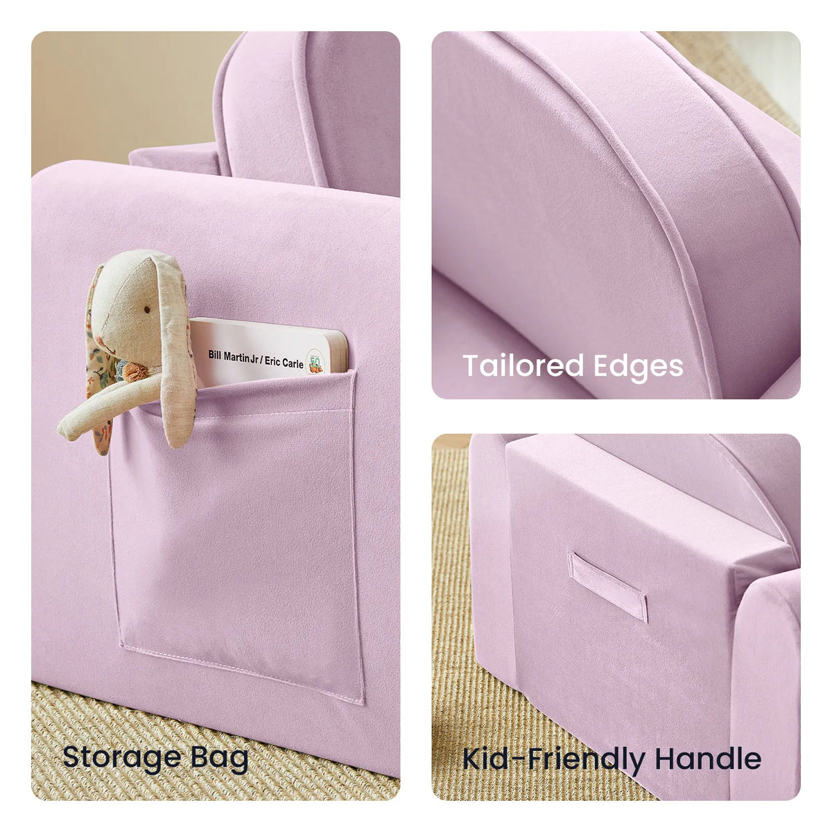 Purple GentleSnug Flip-Open Kids Sofa & Nap Mat with a side storage pocket containing a toy rabbit and book, tailored edges, and a carrying handle.