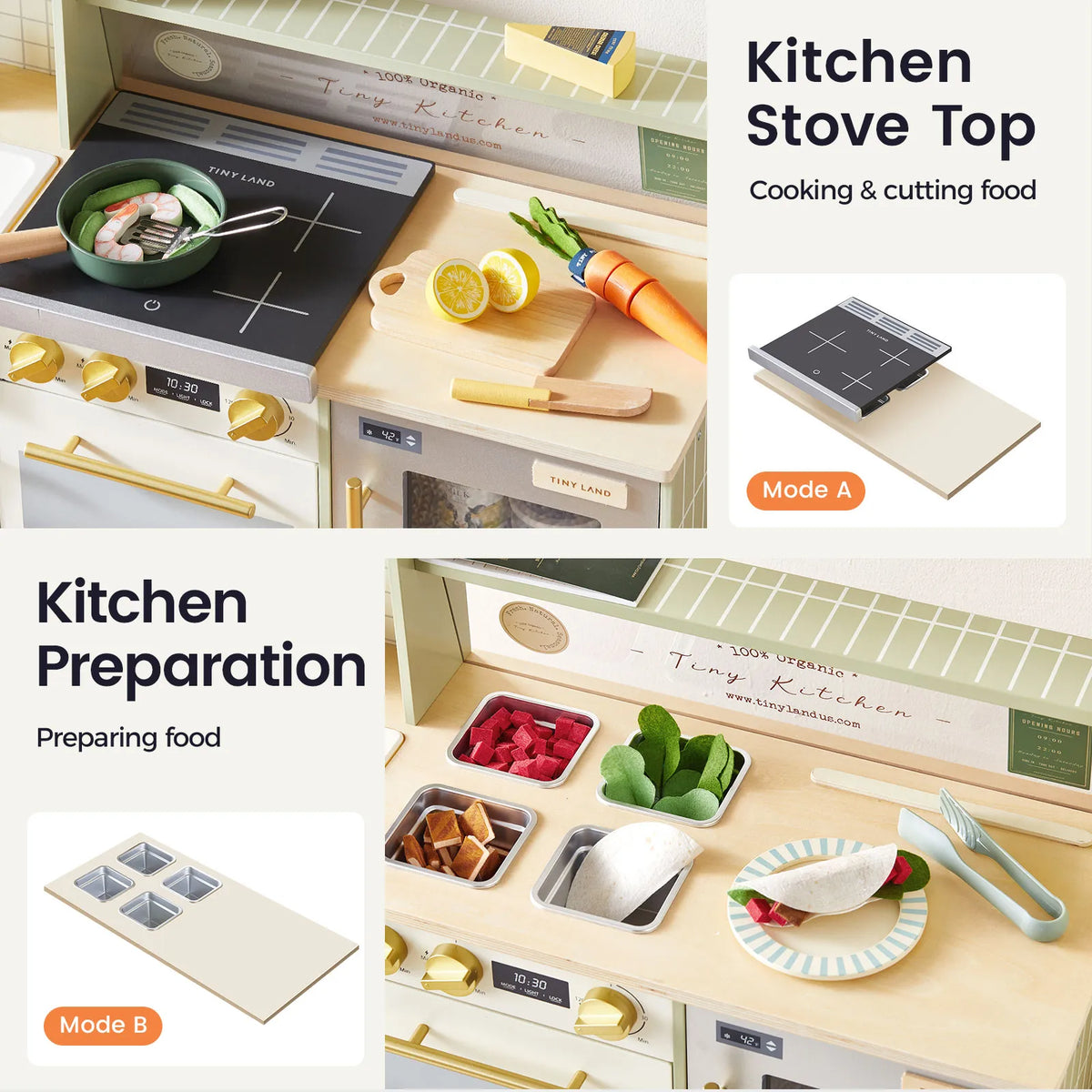 The BistroSwitch 2-in-1 Play Kitchen & Bistro, a dual-mode wooden play kitchen shown as a stove top with toy food and utensils, or as a food preparation station with small containers for ingredients.