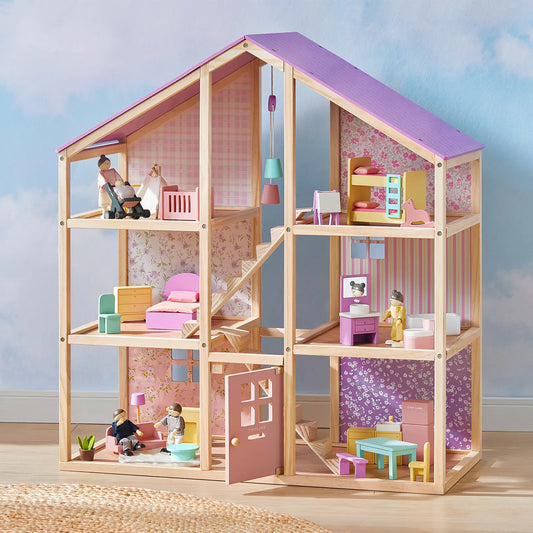 Unicorn Wooden Dollhouse with Poseable Dolls featuring a three-story wooden design with a purple roof, miniature furniture, and dolls in various rooms.