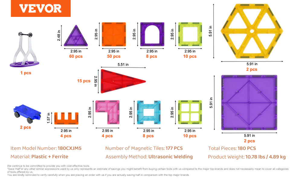 VEVOR 180PCS Magnetic Tile Building Set - Educational Construction Toy for Kids