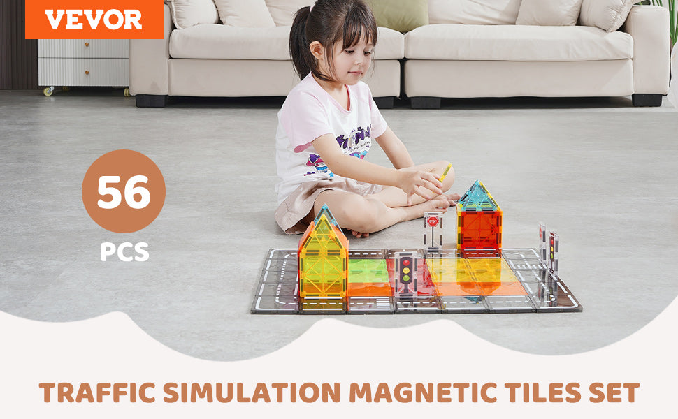 VEVOR 56 PCS Magnetic Tiles Magnet Building Blocks Set Construction Game Stacking Toys STEM Sensory Educational for Kids Gift