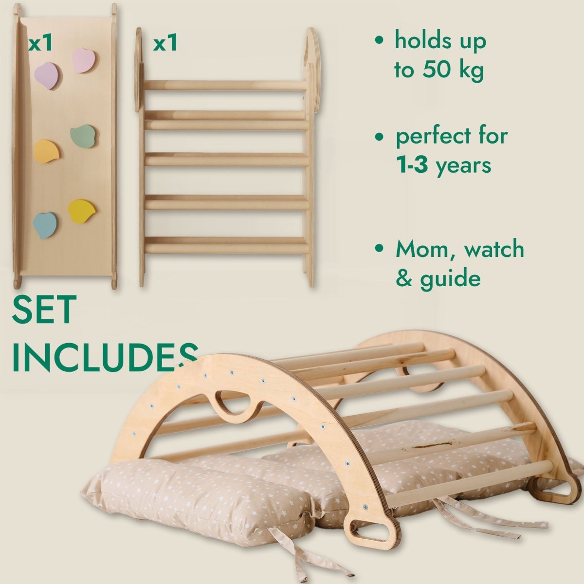 The 4in1 Montessori Climbing Set for toddlers (1–3 years) features a Pikler triangle, arch, slide board, and cushion. Supports up to 50 kg—perfect for safe play and exploration with parental guidance.
