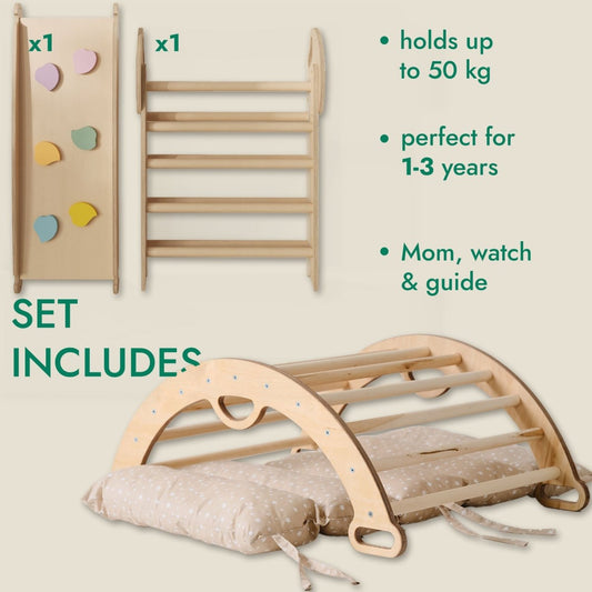 The 4in1 Montessori Climbing Set for toddlers (1–3 years) features a Pikler triangle, arch, slide board, and cushion. Supports up to 50 kg—perfect for safe play and exploration with parental guidance.