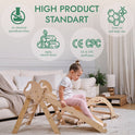 A young girl plays with the 4in1 Montessori Climbing Set—Pikler Triangle, Arch, Slide Board, and Cushion—crafted from 100% natural wood with no chemical paints; finished with linen oil and beeswax. CE & CPC certified.
