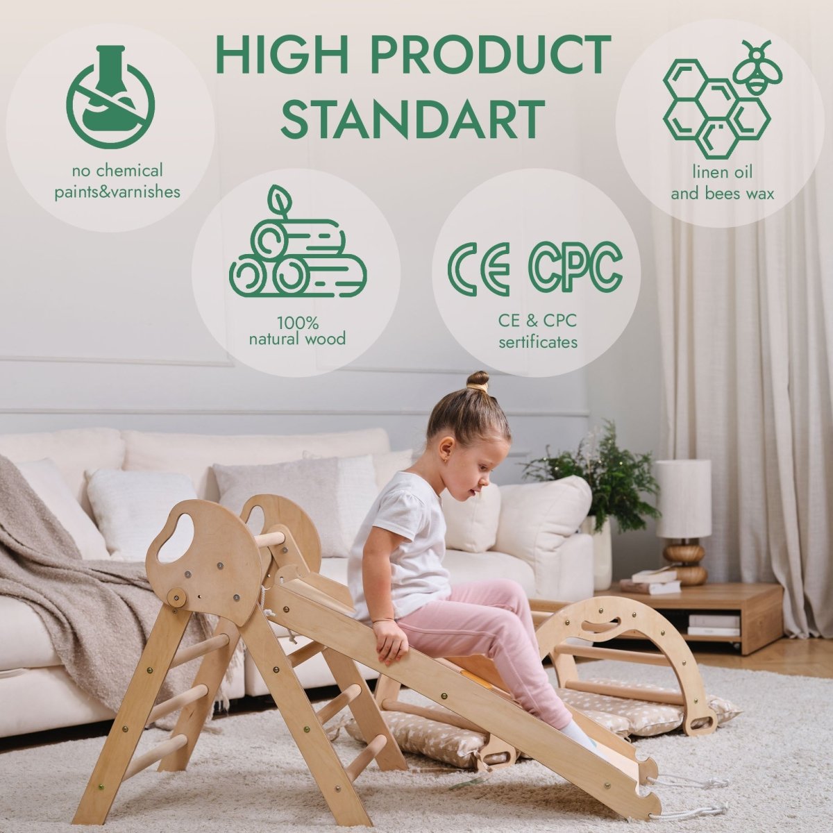 A young girl plays with the 4in1 Montessori Climbing Set—Pikler Triangle, Arch, Slide Board, and Cushion—crafted from 100% natural wood with no chemical paints; finished with linen oil and beeswax. CE & CPC certified.