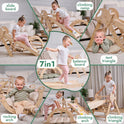 Collage of six images featuring young children playing on the 4in1 Montessori Climbing Set for toddlers (1–3 years), which includes a Pikler triangle, arch, slide board, and cushion.