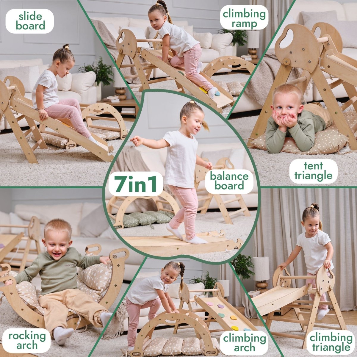 Collage of six images featuring young children playing on the 4in1 Montessori Climbing Set for toddlers (1–3 years), which includes a Pikler triangle, arch, slide board, and cushion.