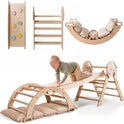 A toddler explores the beige 4in1 Montessori Climbing Set—with Pikler triangle, arch, slide board, and cushion—arranged as a climbing wall, ladder, or rocking seat for ages 1–3.