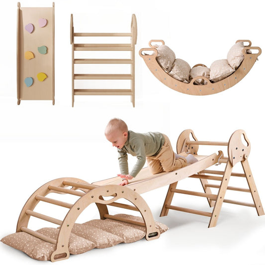 A toddler explores the beige 4in1 Montessori Climbing Set—with Pikler triangle, arch, slide board, and cushion—arranged as a climbing wall, ladder, or rocking seat for ages 1–3.