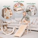A toddler enjoys the 4in1 Montessori Climbing Set—Pikler Triangle, Arch, Slide Board, and Cushion for ages 1–3—featuring a smooth wooden slide with safety lock and rounded edges. The set appears in a cozy living room setting.