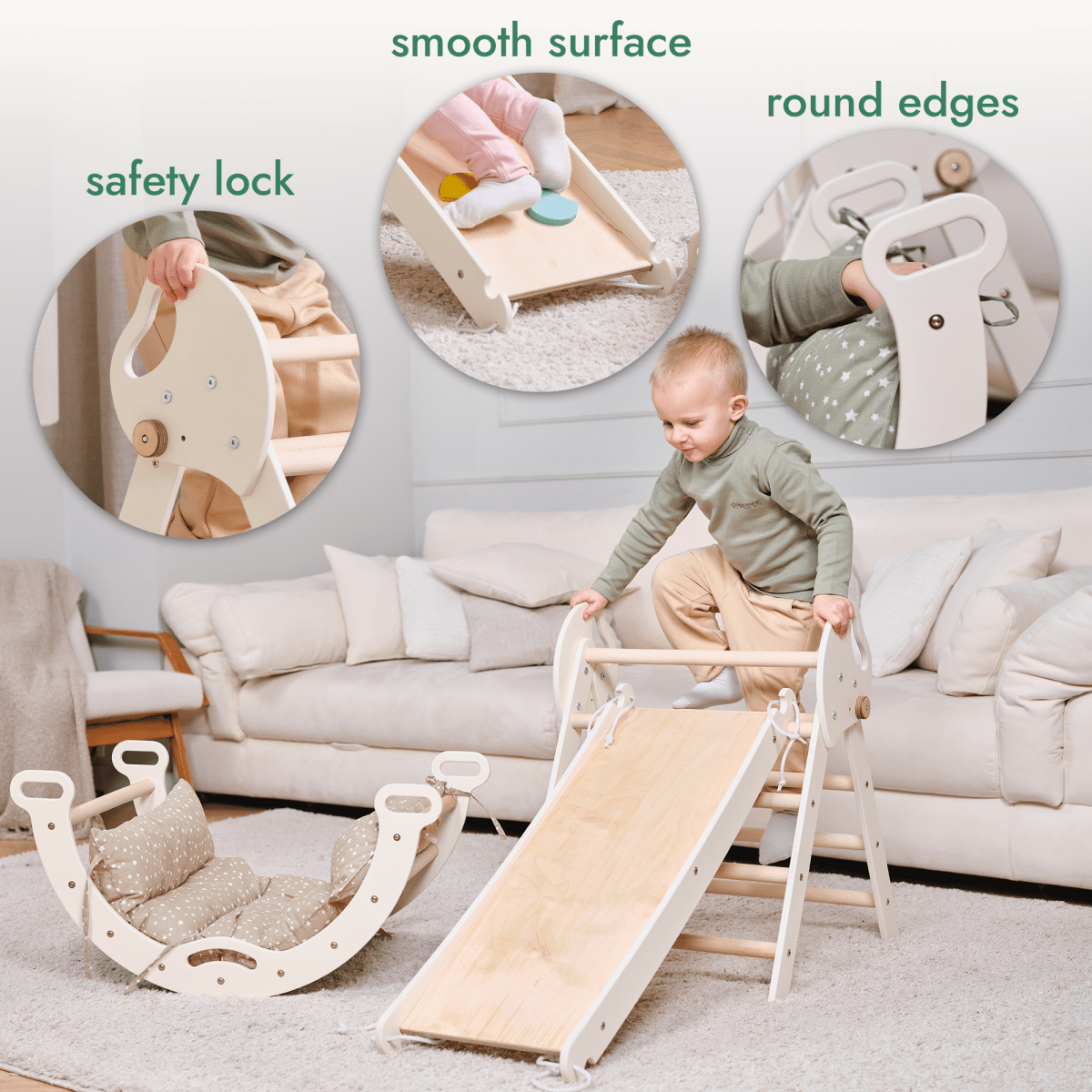 A toddler enjoys the 4in1 Montessori Climbing Set—Pikler Triangle, Arch, Slide Board, and Cushion for ages 1–3—featuring a smooth wooden slide with safety lock and rounded edges. The set appears in a cozy living room setting.