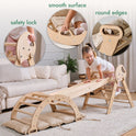 A toddler climbs the 4in1 Montessori Climbing Set—Pikler Triangle, Arch, Slide Board, and Cushion—in a living room. Inset images show the safety lock, smooth surface, rounded edges, and included cushion for extra safety.