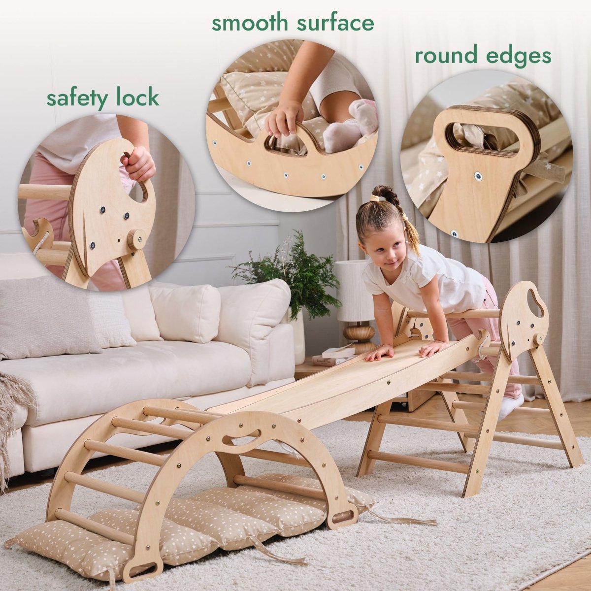 A toddler climbs the 4in1 Montessori Climbing Set—Pikler Triangle, Arch, Slide Board, and Cushion—in a living room. Inset images show the safety lock, smooth surface, rounded edges, and included cushion for extra safety.