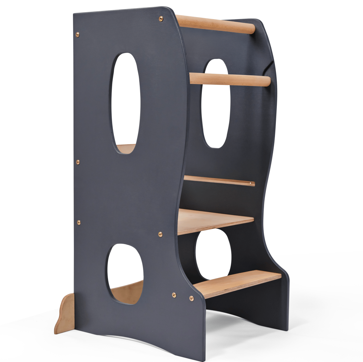 The Stable Montessori Tower: Wooden Growing Chair - Grey is an adjustable learning stool featuring dark blue sides, circular cutouts, two steps, and two safety rails—designed to help children safely reach higher surfaces. This kids kitchen helper perfectly supports your child’s independence in daily activities.