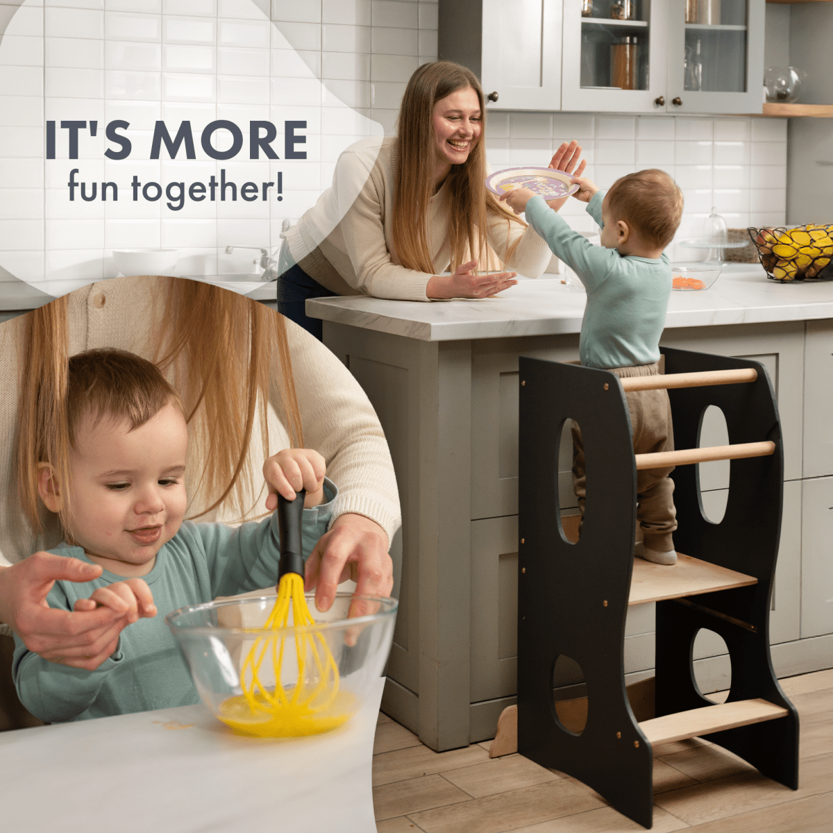 A toddler stands on the Stable Montessori Tower: Wooden Growing Chair - Grey at a kitchen counter, reaching toward a smiling woman. Inset shows the toddler whisking eggs in a glass bowl with help. Text reads, IT’S MORE fun together! The Stable Montessori Tower makes every little chef a true kids kitchen helper.
