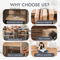 Comparison chart: Stable Montessori Learning Tower vs Others. Our wooden growing chair (Ivory) features natural wood, an adjustable platform, eco-friendly oil, and easy assembly. Others use non-eco materials, toxic finishes, and are hard to assemble. Images highlight features.