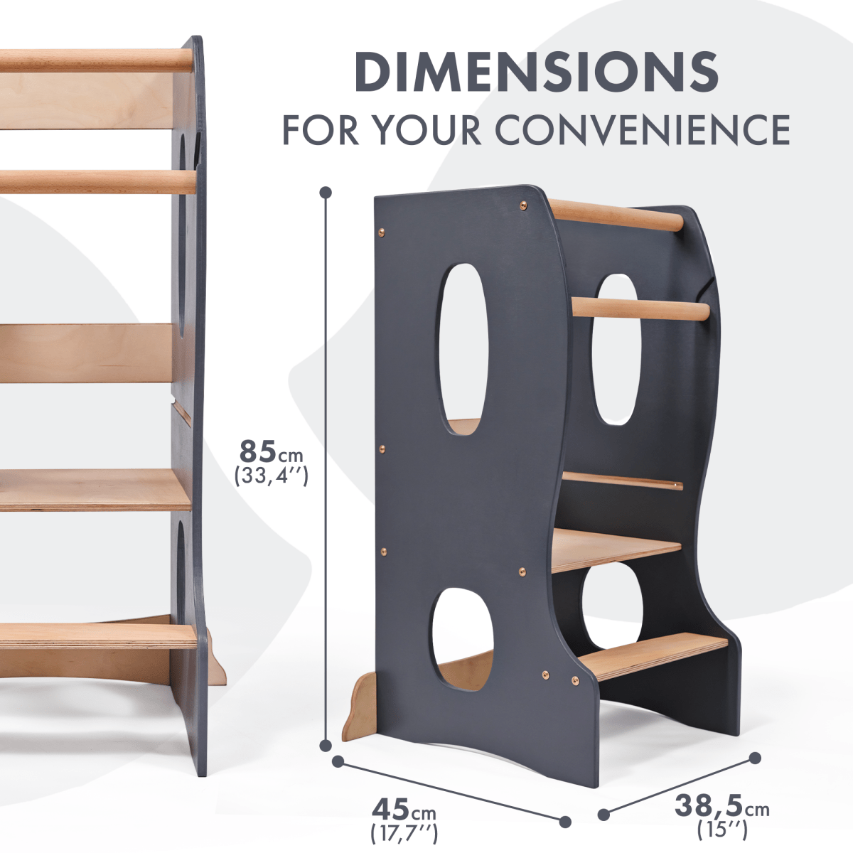 Stable Montessori Tower: Wooden Growing Chair - Grey, featuring three wooden steps and convenient cut-out handles in a grey and natural wood finish. Perfect as a kids’ kitchen helper or learning stool, this adjustable step stool measures 85 cm tall, 45 cm wide, and 38.5 cm deep. Text reads: DIMENSIONS FOR YOUR CONVENIENCE.