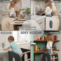 Four images show young children using the Stable Montessori Learning Tower: Wooden Growing Chair - Ivory with an adjustable platform in various rooms. Center text: A versatile solution for any space in your home.
