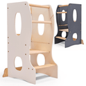 The Stable Montessori Learning Tower: Wooden Growing Chair - Ivory is crafted from natural wood with steps, safety rails, and an adjustable platform to help children safely reach countertops.