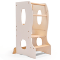 The Stable Montessori Learning Tower: Wooden Growing Chair - Ivory features natural wood, an adjustable platform, two steps, side cut-out handles, and safety rails. Its light ivory design lets kids safely reach higher surfaces while building independence.