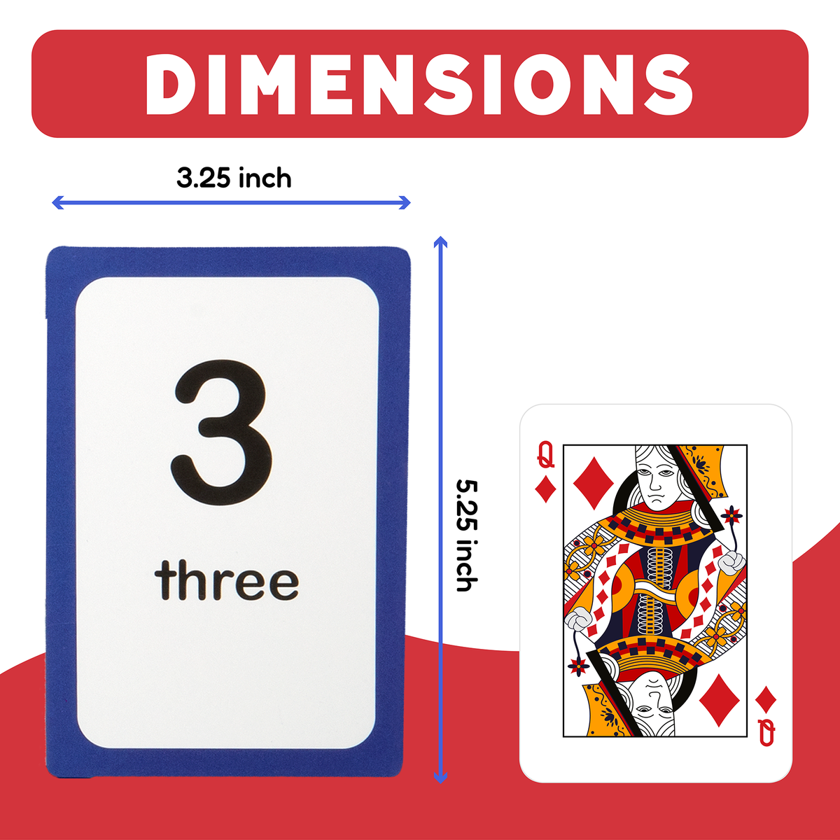 A Counting & Numbers Card Pack flashcard featuring the number 3 and the word three next to a Queen of Diamonds playing card, with dimension lines indicating a width of 3.25 inches and a height of 5.25 inches.