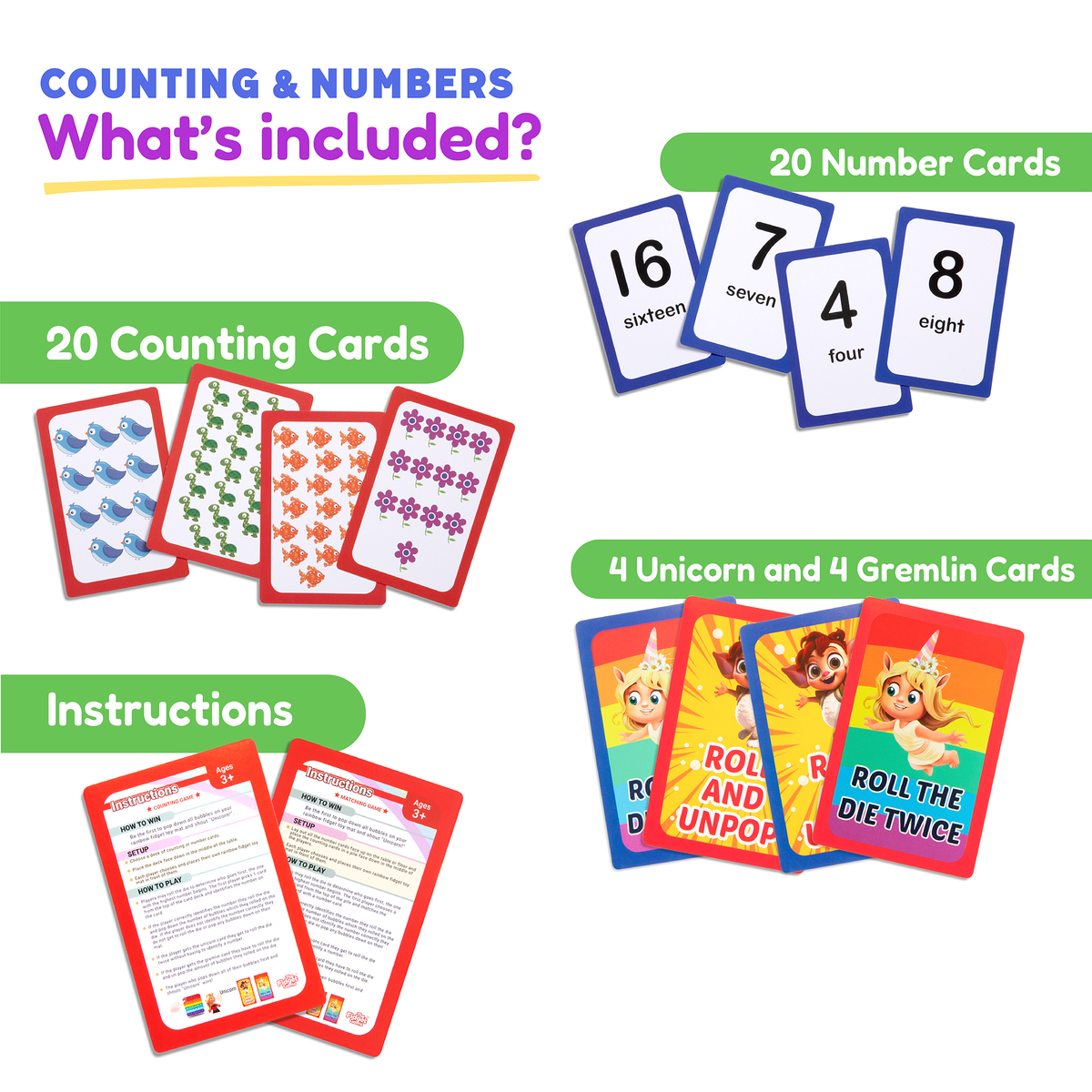 Counting & Numbers Card Pack – CHOOSE Act Edition including number recognition cards, bird and flower illustration cards, unicorn and gremlin action cards, and a printed instruction sheet.