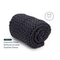 A chunky, dark gray Knit Weighted Blanket is rolled up. Text reads: Benefits—Improves Sleep, Reduces Anxiety, Soothes Stress. A simple bear face illustration appears in the corner.