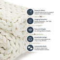 The Knit Weighted Blanket is a chunky-knit, cream-colored braided throw with icons and text showing its benefits: supports sleep, provides a hugging sensation, delivers balanced weight, is breathable, and made sustainably from recycled bottles.