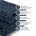A dark blue Knit Weighted Blanket is folded next to five icons highlighting its benefits: supports sleep, provides a hugging sensation, offers balanced weight, features a breathable design, and is sustainably made from recycled plastic bottles.