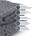 A close-up of the Knit Weighted Blanket in chunky gray knit with five icons showing its features: enhances sleep, provides a hugging feel, balanced weight, breathable design, and eco-friendly—crafted from recycled plastic bottles.