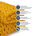 The Knit Weighted Blanket is shown in chunky yellow braid with icons and text highlighting its benefits: supports sleep, provides a hugging sensation, offers balanced weight, features a breathable design, and is sustainably made from recycled bottles.