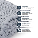 Close-up of Knit Weighted Blanket in gray with icons highlighting benefits: improves sleep, provides a hugging sensation, balanced weight, breathable knit design, and eco-friendly—made from recycled plastic bottles.